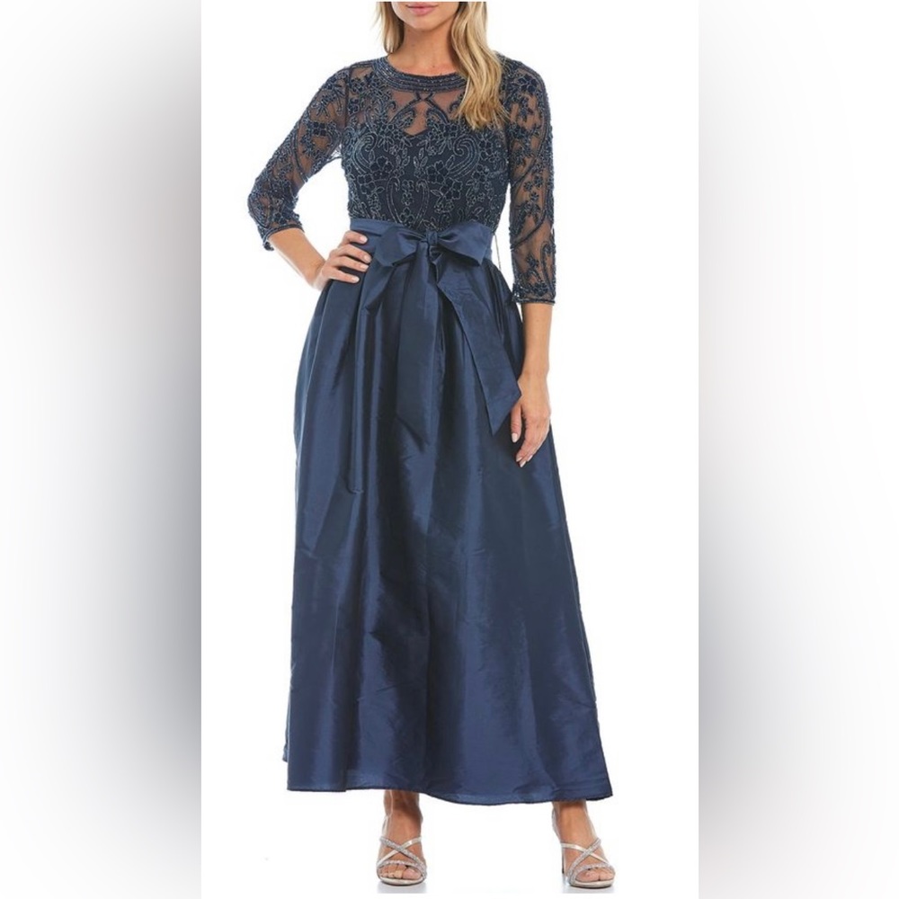 Navy Blue Piccaro Nights Beaded Illusion Neck Mother of Bride Gown-size 14